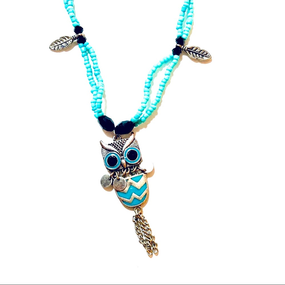Handmade Little Aqua Chevron Owl Black Silver Aqua Necklace